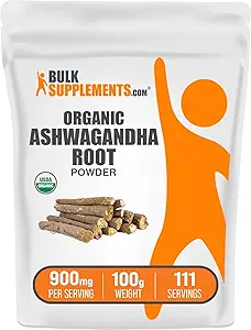 BulkSupplements.com Orgánica Ashwagandha Powder - Suplementos de Ashwagandha Orgánica, Fuente de Ashwagandha Root - Gluten Free, 2g por Serving, 250g (8.8 oz) (Pack of 1)