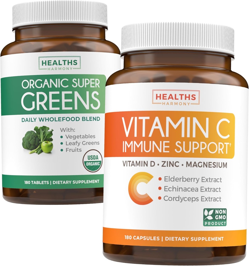 Super Greens &amp; Vitamina C (3-Month Supply) Vitamin Greens Bundle of Organic Super Greends Powder - Completo Superfood (180 cápsulas) & Vitamina C Immune Support (180 cápsulas vegetarianas)