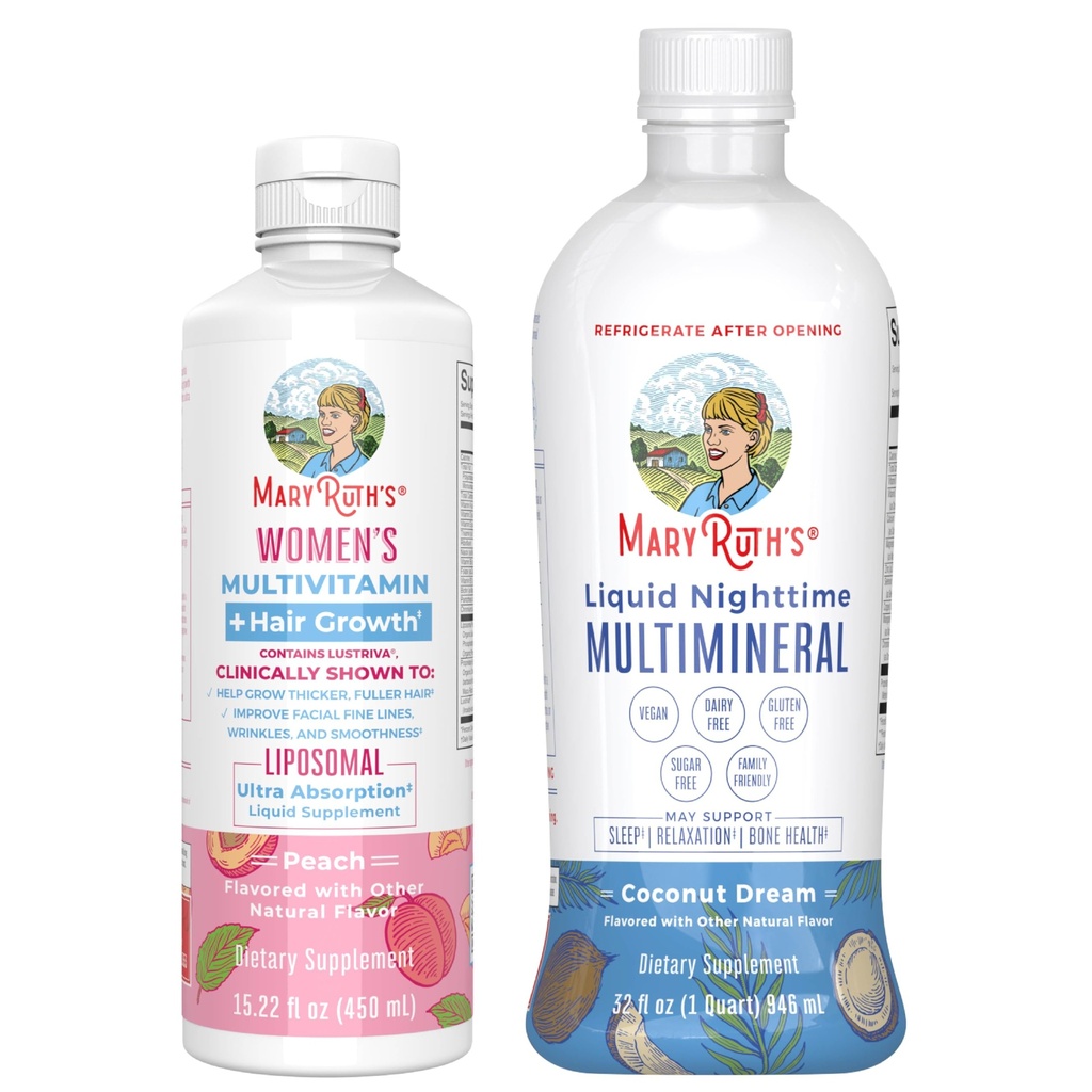 MaryRuth's Women's Multivitamin + Hair Growth Liposomal (Peach) & Liquid Nighttime Multimineral (Coconut, 15oz) | Clean Label Project Verified® | Vegan | Beauty, Bedtime Routine, & Overall Health