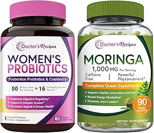Recetas del médico Probióticos de mujeres &amp; Organic Moringa Bundle, GI y Salud de las Mujeres, Apoyo Antioxidante Natural, No Gluten, Pro (60 cápsulas) & Moringa (90 cápsulas)