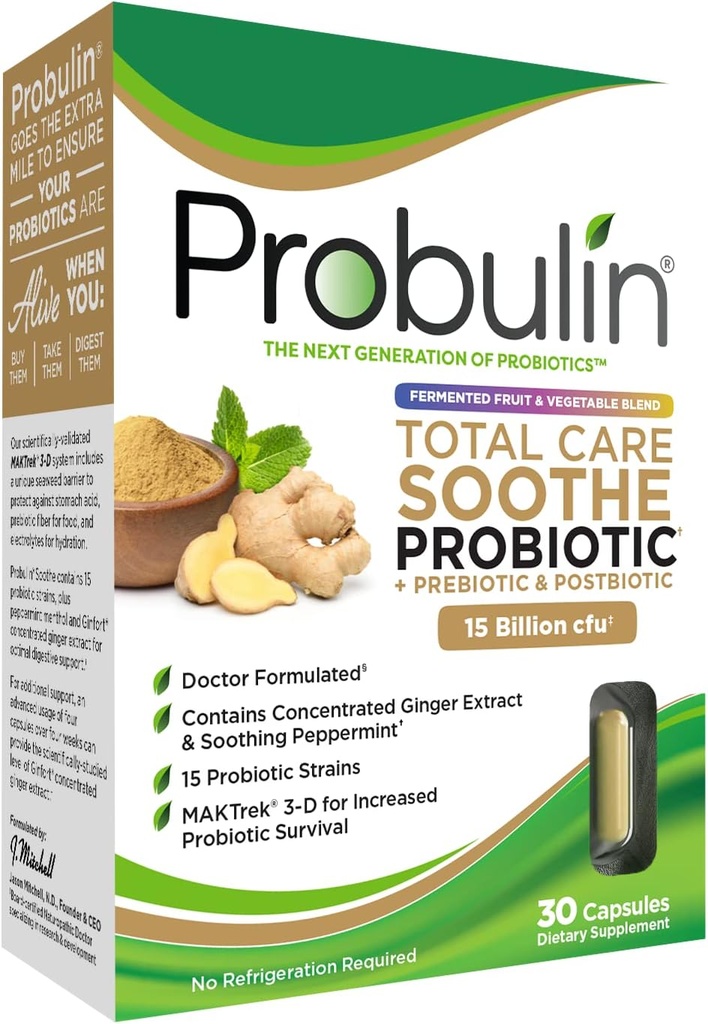 Probulin Total Care Soothe Prebiotic, Probiotic and Postbiotic + Ginger & Mint for Digestive Soothing - 15 Billion CFU - 15 Strains - 30 Vegan Capsules