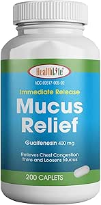 HealthLife® Mucus Relief Guaifenesin Caplets 400 mg, Immediate Release (300 Count) Fast Acting Expectorant, Thin and Loosens Mucus, Relieves Chest Congestion, Cough, Cold and Flu