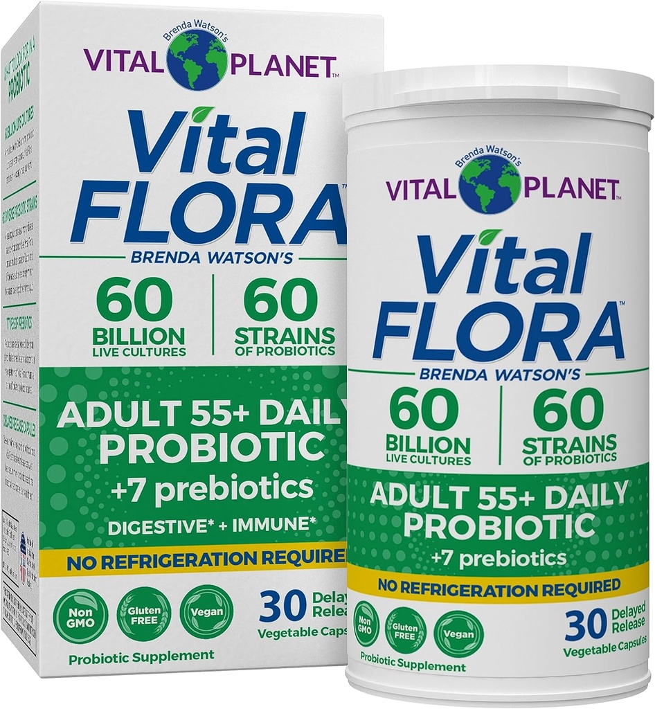 Vital Planet - Vital Flora Adultos Más de 55 Daily Probiotic 60 Billion CFU, Diverse Strains, Prebióticos Orgánicos, Estante de Salud Inmune y Digestivo Probióticos Estables para Mujeres y Hombres, 30 cápsulas