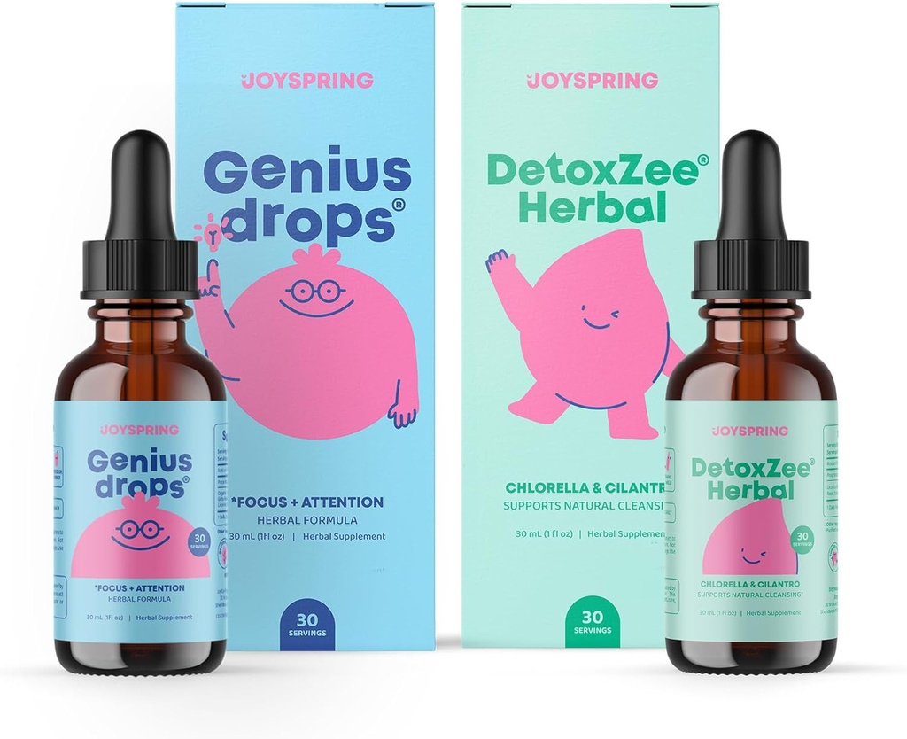 JoySpring Genius Drops " DetoxZee Herbal Bundle ⋅ Kids Vitamins Naturally Sourced, Non-GMO, Non-Alcoholic Liquid Formula, Immunity Health Support ← Vegan " Vegetarian Supplements