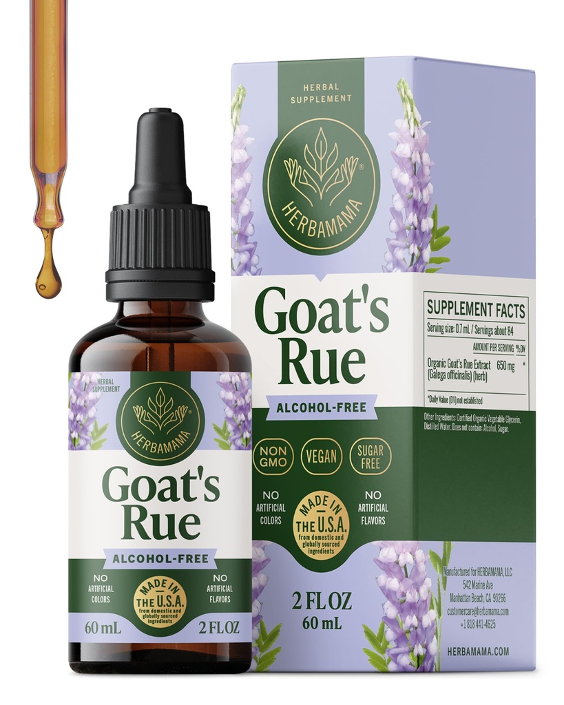HERBAMAMA Goat's Rue Tincture - Vegan Lactation Support with Galega Officinalis Extract - Breastfeeding Support Drops - Non-GMO, Alcohol &amp; Sugar-Free Goat's Rue Lactation Supplement 28-Day Supply