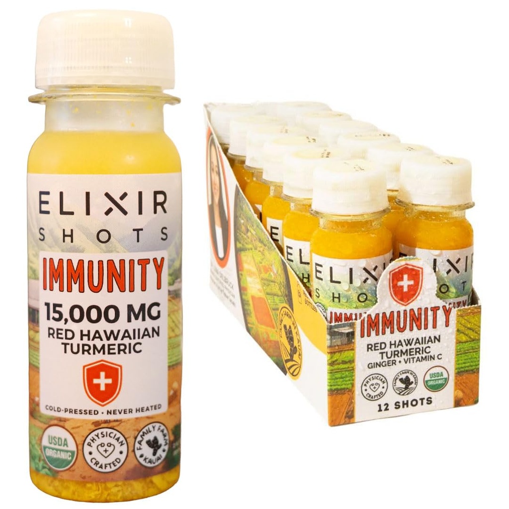 Elixir Shots, Immunity Boost Wellness Shot with Cold-Pressed Turmeric, Ginger, Orange and Black Pepper, No Added Sugars or Artificial Ingredients,12-pack