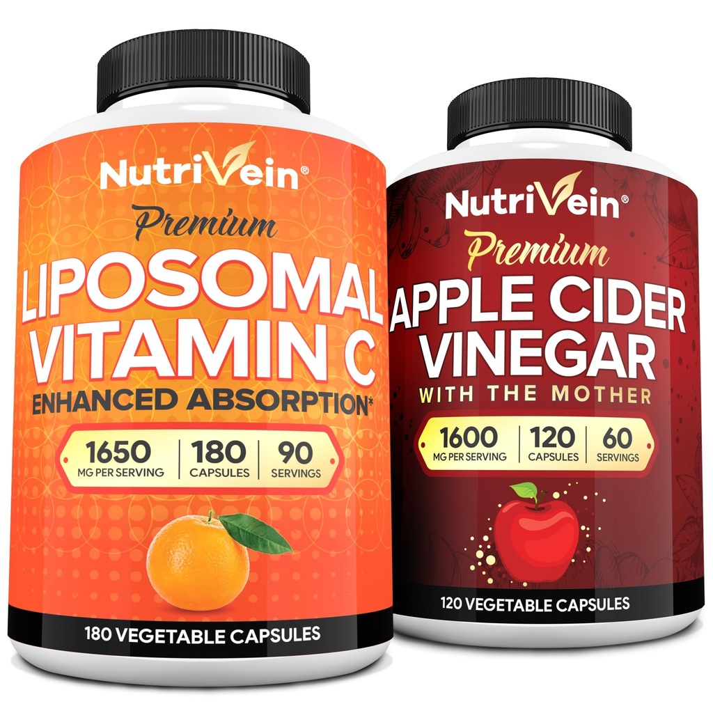 Nutrivein Premium Apple Cider Vinegar Capsules & Liposomal Vitamin C Supplement Bundle: High-Absorption Vitamin C Capsules & Apple Cider Vinegar Supplements Bundle for Immune Defenses & Gut Health