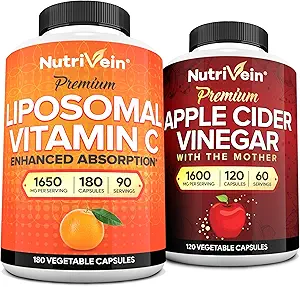 Nutrivein Premium Apple Cider Vinegar Capsules &amp; Liposomal Vitamina C Supplement Bundle: High-Absorption Vitamin C Capsules &amp; Apple Cider Vinegar Suplementos Bundle for Immune Defenses &amp; Gut Health