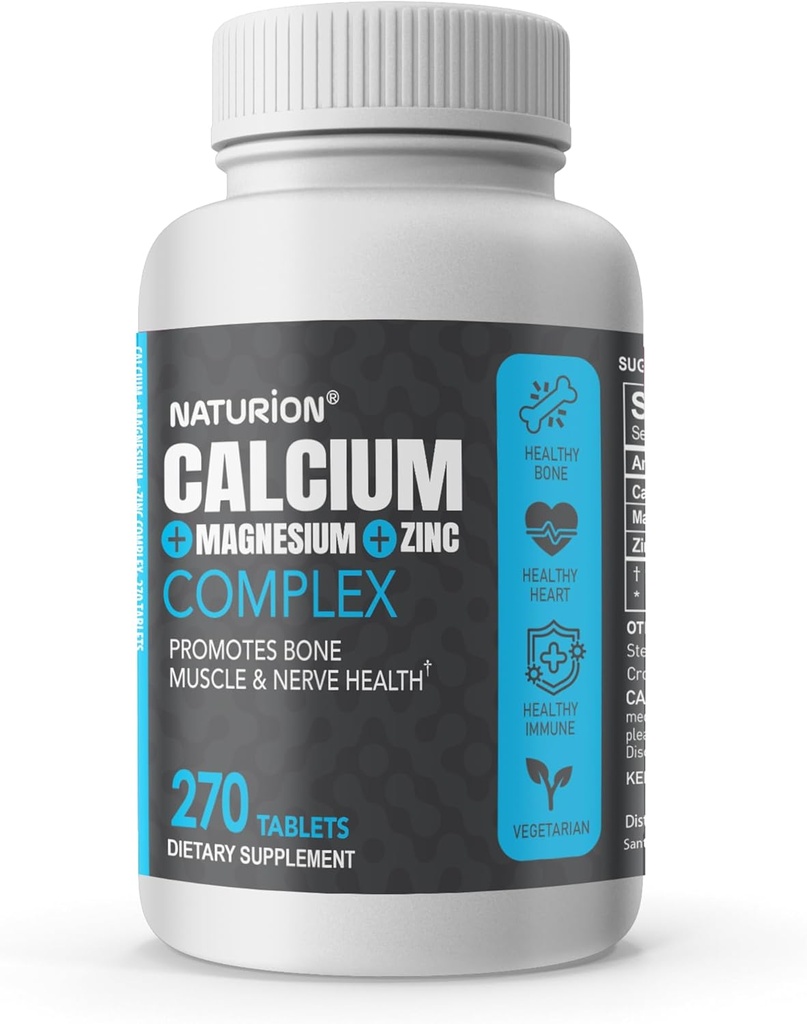 Calcio Magnesio Zinc Suplemento - 3-en-1 Complejo con 1000 mg de calcio, 500 mg de magnesio, 10 mg de zinc - Bono, Muscle &amp; Immune Soporte - 270 Tabletas, 90 Day Supply