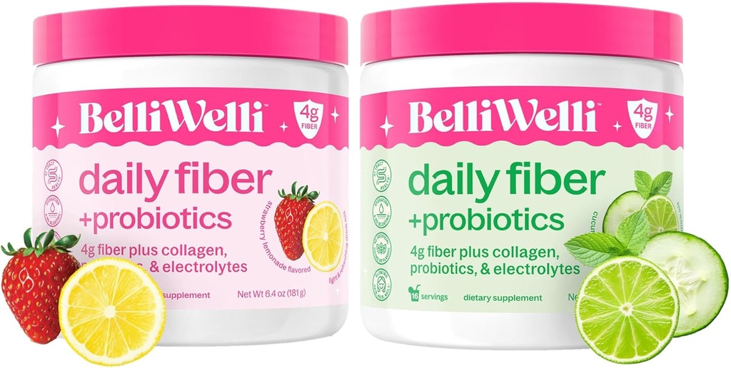 Belli Welli Daily Fiber Supplement Duo - Strawberry Lemonade & Cucumber Lime Mint - con Collagen, Probiotics & Electrolytes - Refreshing Flavors for Balanced Wellness - 32 Total Servings