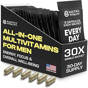 Multivitaminas para Hombres - Todo en un paquete para la energía y el foco, vitaminas para el rendimiento mental y la salud, empaquetado con Tongkat Ali, Shilijit, Vitamina C, B3, A, B12, 30 Pk