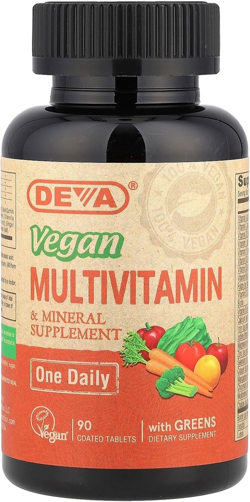 DEVA Tiny Tablets Vegan Multivitaminas para Hombres Mujer, Multivitamina con Hierro, Suplemento Mineral, Vitamina C, Complejo Vitamina B12, Vitamina E, Zinc, Gluten Gratis, 90 Tablets