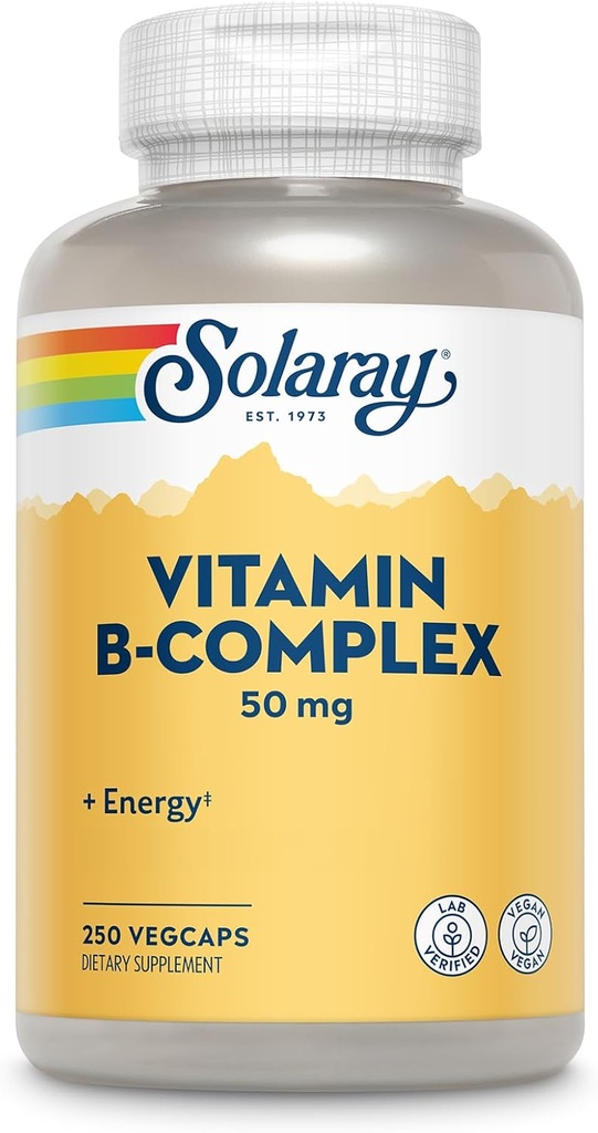 SOLARAY Vitamina B Complejo 50 mg - Vitaminas Celulares de Energía - Metabolismo y Nerve Salud Apoyo con Vitamina B12, Vitamina B1, B6, Niacina, Ácido Fólico, Biotina y Otras Vitaminas B - Vegan, 250 VegCaps