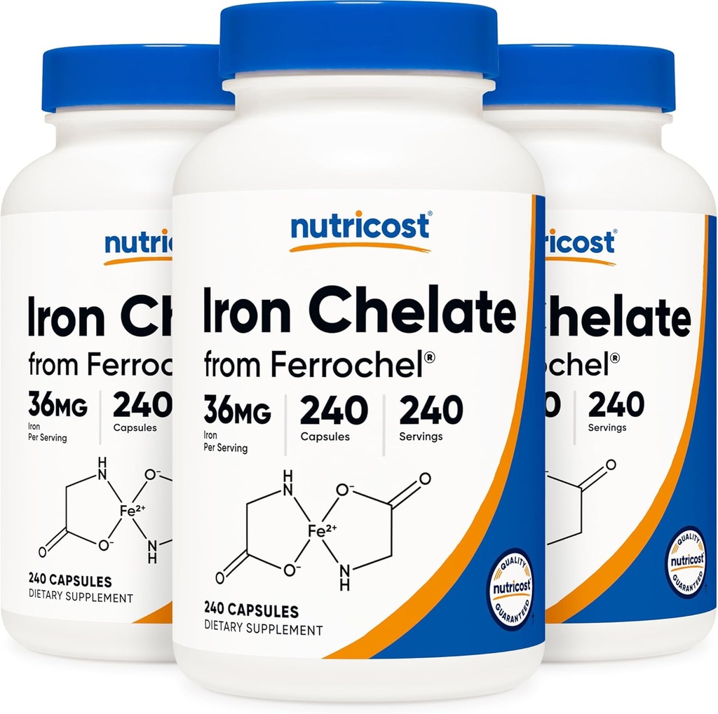 Nutricost Hierro Chelatado, Como Ferrochel, 36 mg, 240 cápsulas (3 botellas)