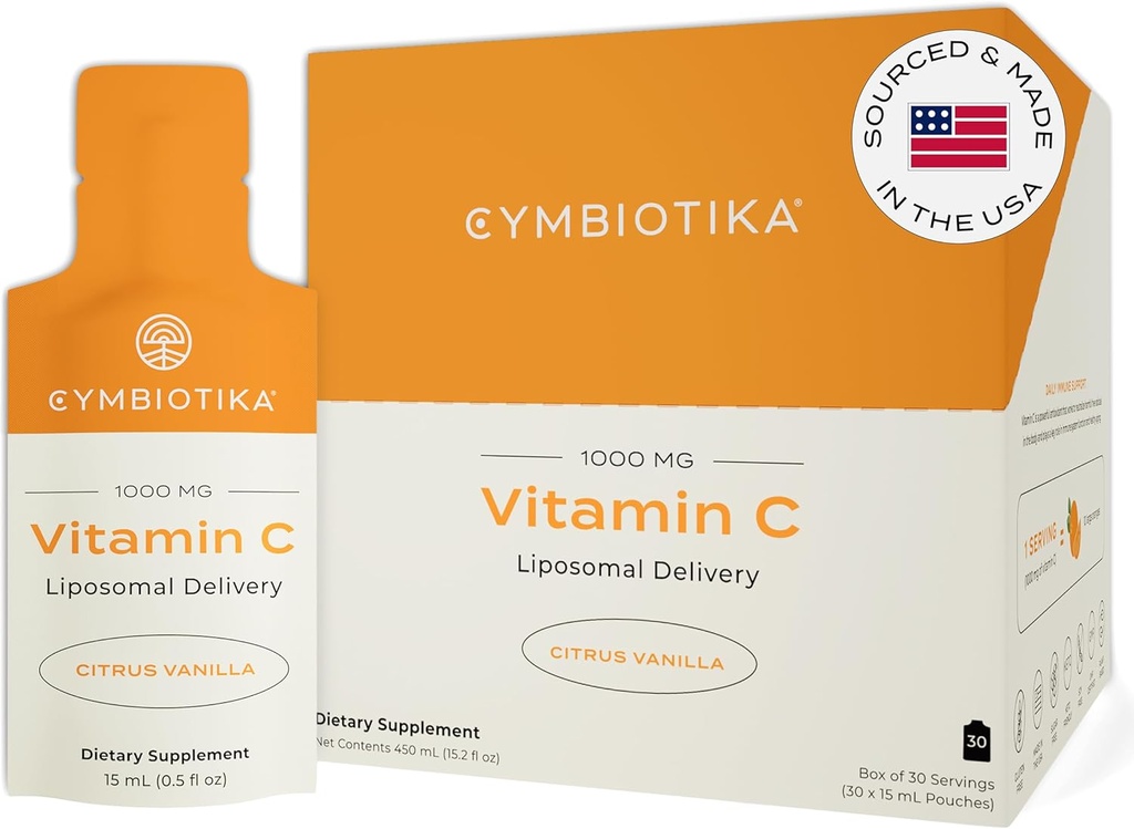 CYMBIOTIKA Vitamina C Embalajes individuales, Entrega Liposómica, Suplemento de Soporte Inmunitario, Colagen Boost, " Envejecimiento saludable, Packets de hidratación de la piel, Citrus Vanilla Flavor, 30 Cuenta