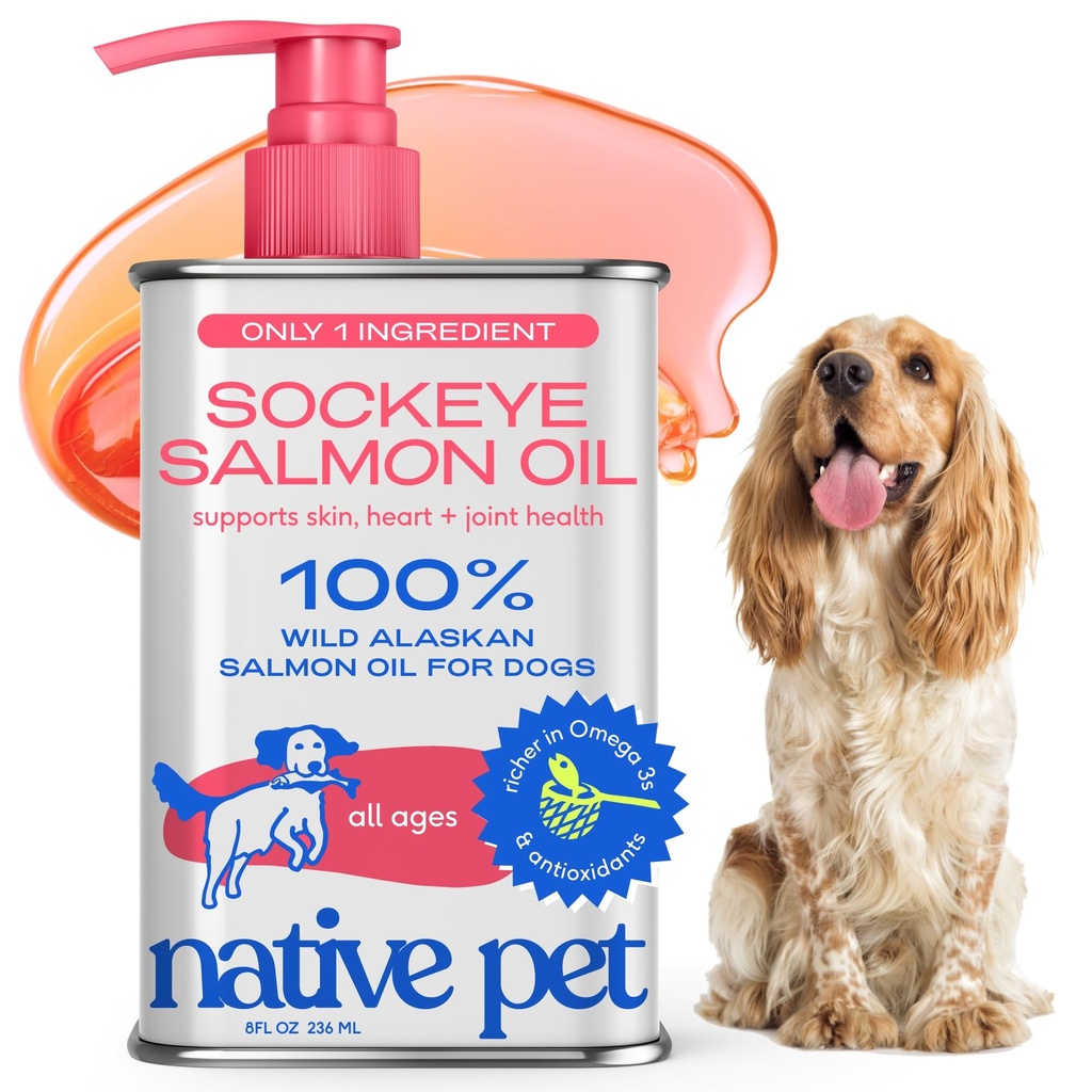 Aceite de Salmón de mascotas nativas para perros &amp; gatos – Puro aceite de pescado Omega-3 para perros Suplemento para la piel " La carne, Conjunto " Salud del corazón - Antiinflamatorio de perros – 100% Salvaje de Alaska Sockeye Salmon – 8 oz