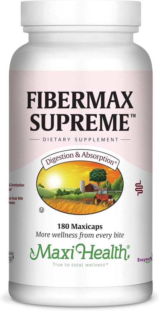 Maxi Health Fibermax Supreme – Fiber Capsules for Gentle Digestive and Gut Support – Vegetarian Psyllium Husk Capsules – Kosher Fiber Supplement for Men and Women (180 Conde)