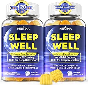 Melatonin Free Sleep Gummies with Magnesium Glycinate, GABA, 5-HTP, L-Theanine, Valerian, Chamomile, Lemon Balm, Vitamina D3 &amp; B6 - Hormone &amp; Drug- Free, Non-Habit Forming,2 Pack