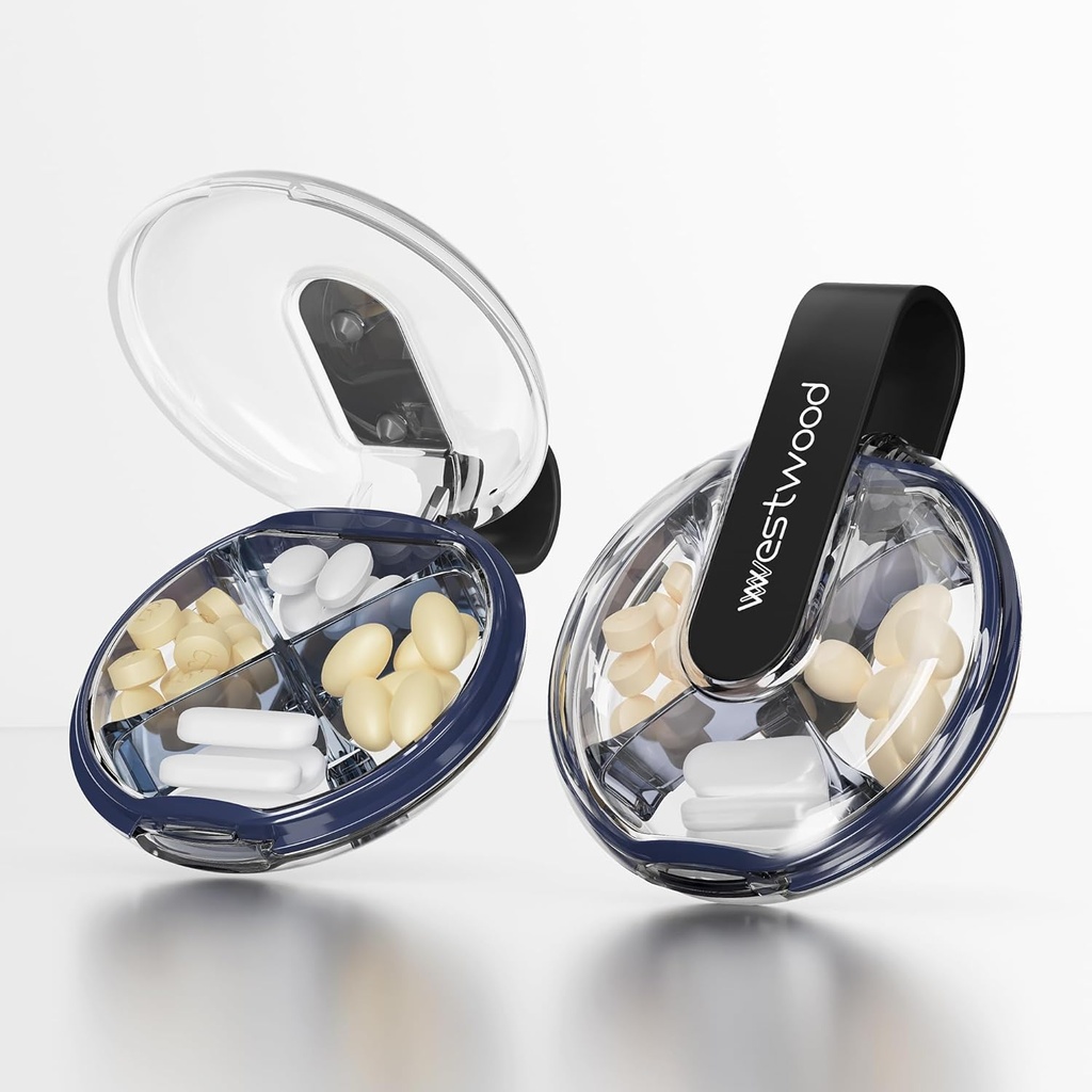 Caja pequeña de la pila, caja de la pila linda para el bolsillo, 4 cargador de la pila extraíble, organizador portátil de la píldora de viaje para vitaminas, suplementos, aceites de pescado (negro)