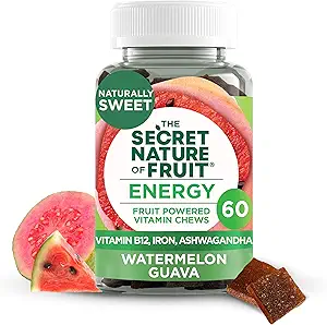 The Secret Nature of Fruit Beauty Chews, Real Fruit Powered Vitamin Chews with Vitamins A &amp; E, Biotin, CoQ10, Strawberry & Pomegranate for Healthy Hair, Skin & Nails, Gummy, (60 Cuenta)