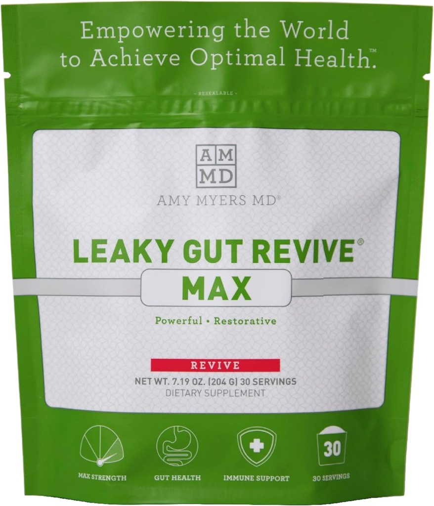Amy Myers MD Leaky Gut Revive MAX Powder for Leaky Gut Repair “ Potent L-Glutamine Powder to Support Constipation, IBS, Diarrhea, Bloating, Gas, SIBO “ Plant Based Supplement for Gut Health, 1 Mes