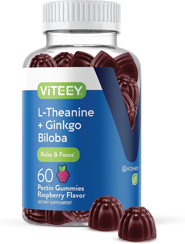 Viteey L-Theanine Gummies con Ginkgo Biloba para Adultos - Ayudas en Focus &amp; Relax, Mejorar el Mood - No GMO, Gelatin Gratis, Vegan, Gluten Gratis, Naturalmente Fuente Chewable Tasty Raspberry Flavored Gummy