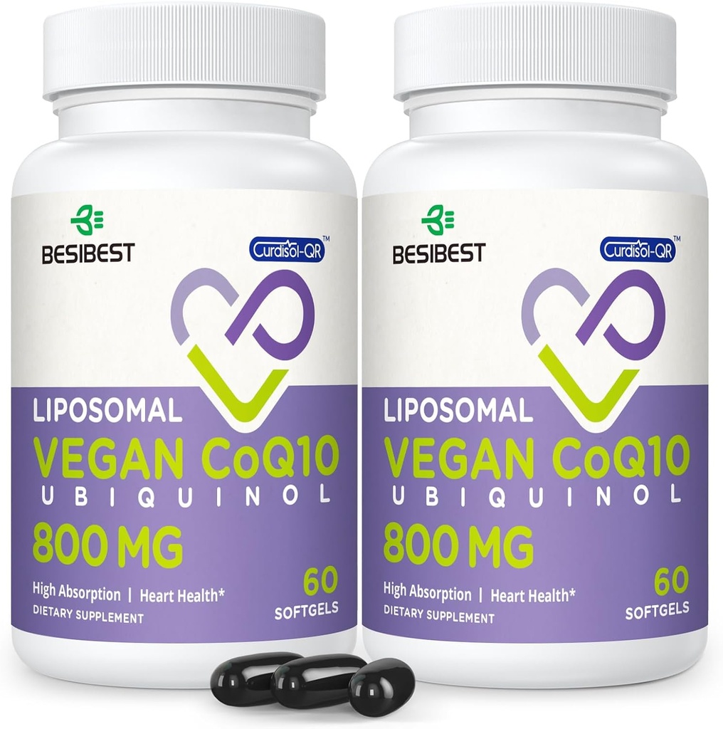 Liposomal Ubiquinol CoQ10 800 MG Softgel, alta absorción CoQ10 Ubiquinol Suplemento, Active Coenzyme Q10 800mg, potente antioxidante para la función cerebral del corazón, producción de energía, 120 Vegan Softgels