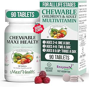 Maxi Health Chewable Multivitamin para niños, adolescentes y adultos - Cherry Chewable Vitaminas para adultos y niños - Kosher Kids Multivitamin + hierro (90 Tablets)