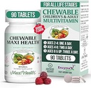Maxi Health Chewable Multivitamin for Kids, Teens and Adults - Cherry Chewable Vitamins for Adults & Children - Kosher Kids Multivitamin + Iron (90 Tablets)