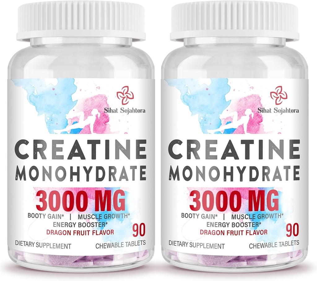 3000 MG Creatine Monohydrate for Women & Men, Creatine Pills with BCAA & Hydrolyzed Collagen Creatine Chews Tablets for Performance & Recovery, Strength, Dragon Fruit Flavor, 180 Tablets