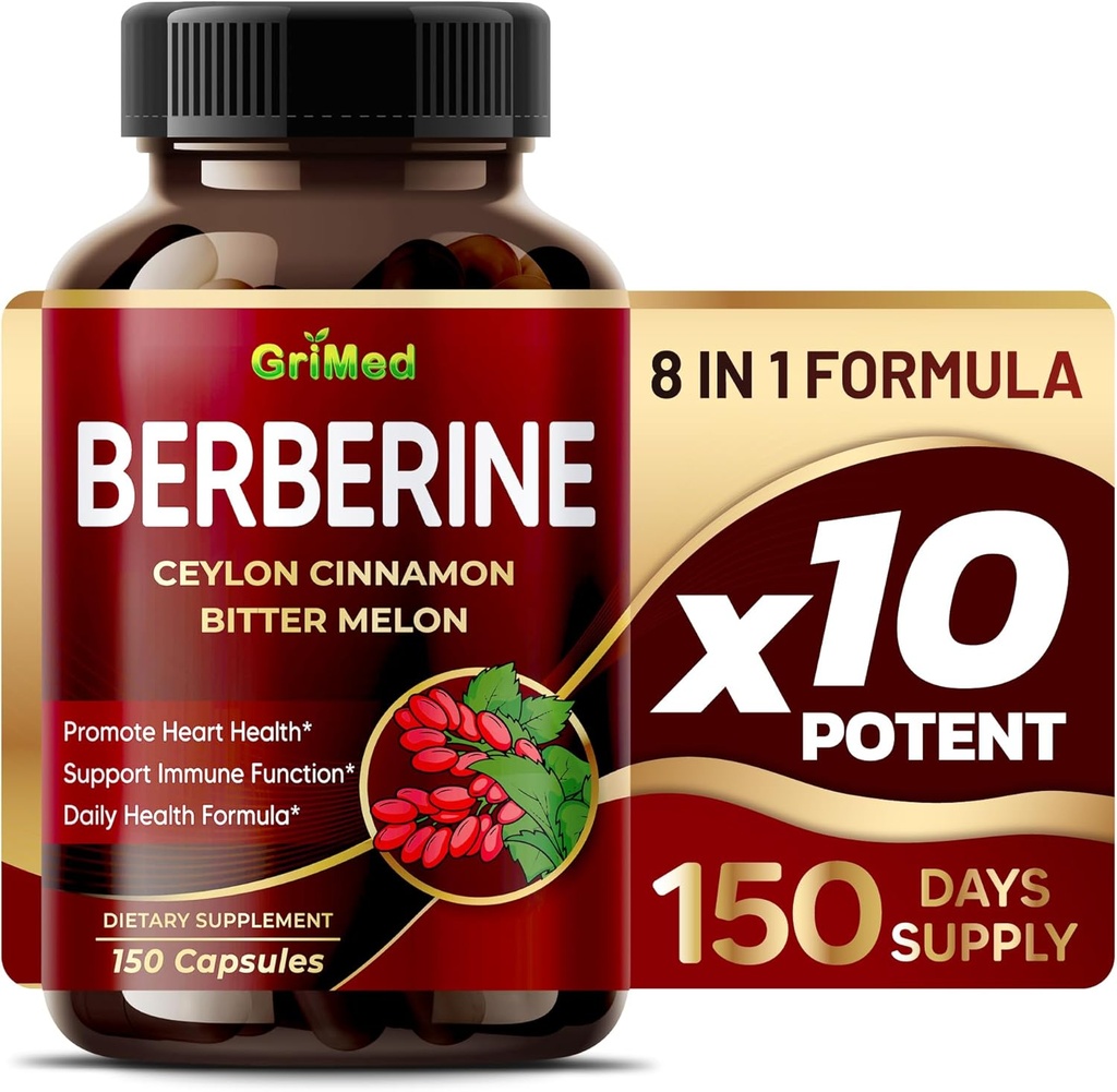 GriMed Berberine Suplemento 9,500mg con Ceylon Cinnamon Bitter Melon Apoyos Sistema de Inmunización Saludable - Hecho en EE.UU.