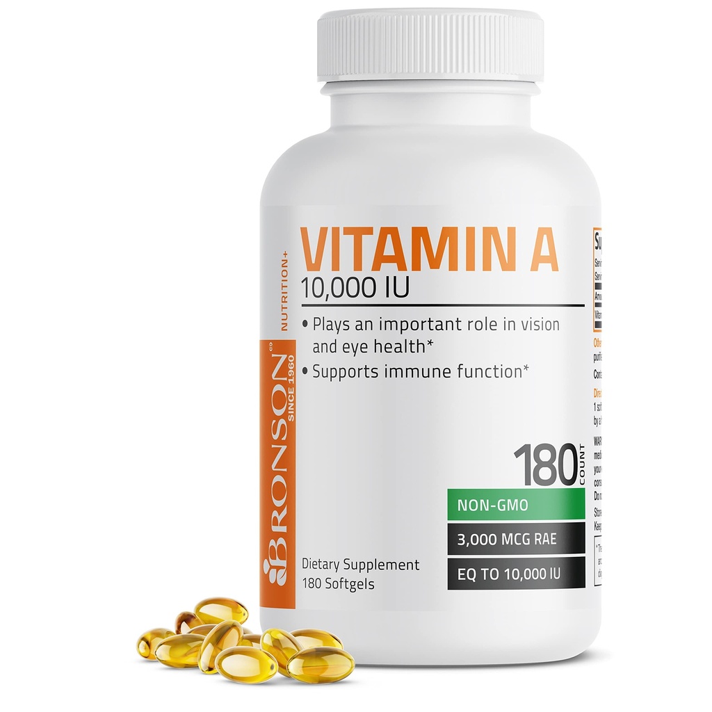 Bronson Vitamina A 10,000 IU Premium Non-GMO Fórmula Apoya Sistema de Visión Saludable &amp; Crecimiento Saludable &amp; Reproducción, 180 Softgels