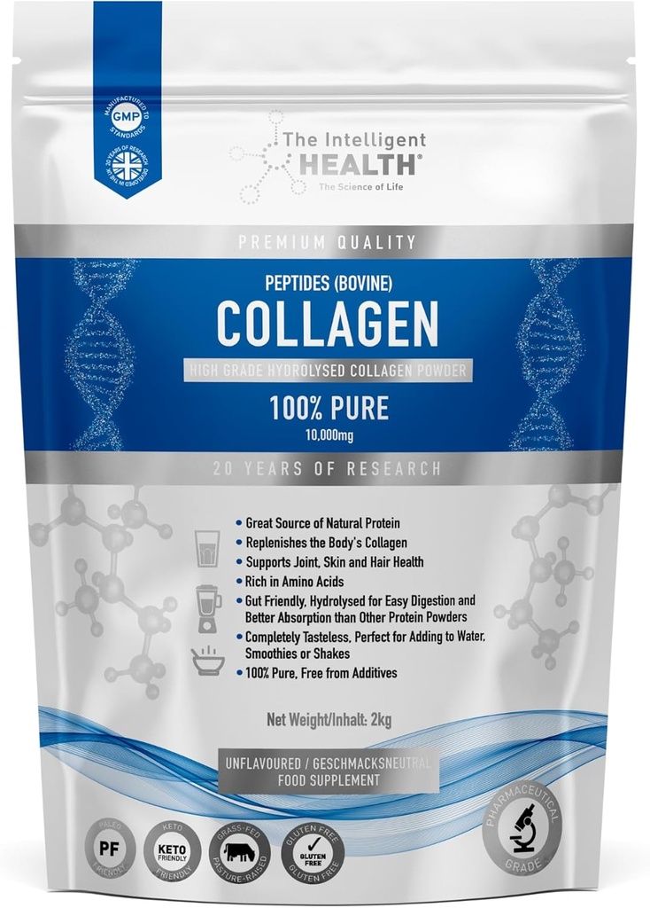 El Intelligent Health Hydrolyzed Collagen Peptides Powder, Grass Fed, High Protein, Unflavored, Gluten-Free, Paleo & Keto Friendly, 10g por Serving (2kg) soporta Skin, Hair, Nails, Joints, " Bones