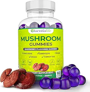 Essentialife Lions Mane Mushroom Suplemento ← 5-en-1 Mushroom Gummies con Turquía Tail, Cordyceps, Reishi, Chaga Extract  durable Brain Focus and Immune Support for Women Men, Raspberry Flavor, 60 ct