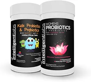 Laboratorios Inteligentes 2-en-1 Bundle of Kids’ Probiotics with Sunfiber and FOS + Probiotics de mujeres (UTI Formula with Cranberry & D-Mannose), No se requiere refrigeración, 2 meses de suministro por botella
