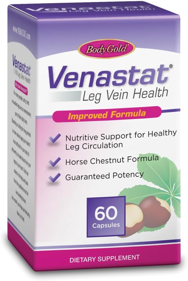 Body Gold Venastat - Leg Vein Support Supplements, Horse Chestnut Supplements, Herbal Circulatory Support with Diosmin for Men &amp; Women, Healthy Blood Flow & Circulation - 60 Veggie Capsules