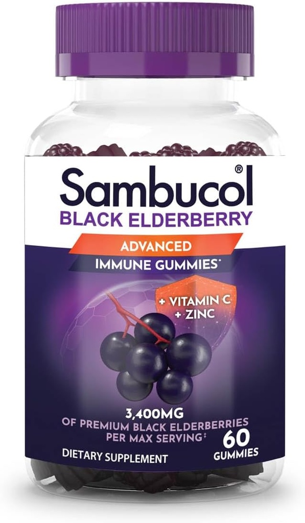 Sambucol Gummies Negro de Elderberry - Elderberry con zinc y vitamina C para adultos, Sambucus Gummies, Immune Support - 60 Condes