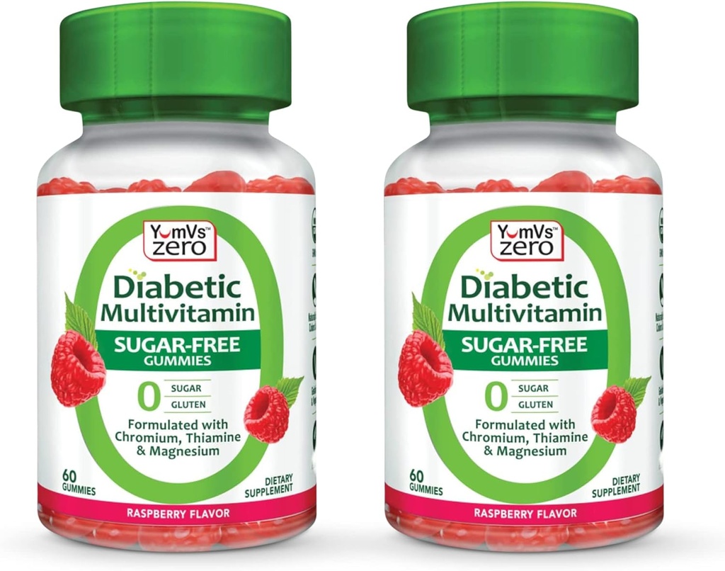 YUM-V'S Multivitamin Gummies ← Sugar Suplemento gratuito Vitaminas para Mujeres &amp; Hombres Silencio Chromium, Thiamine y Magnesium ← Natural Raspberry Flavor Chewables - 60 Cuenta- (Pack of 2)