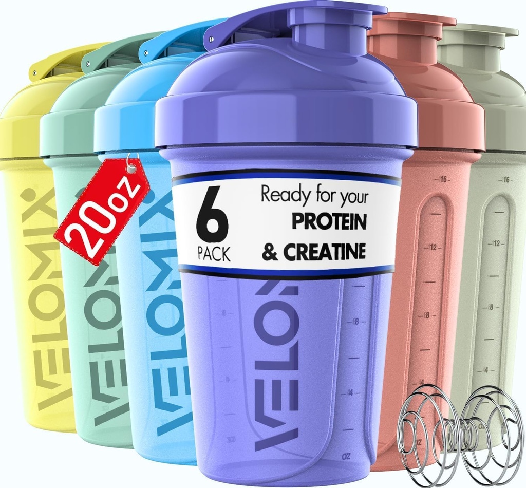 VELOMIX -6 PACK- 20 OZ Protein Shaker Botellas para Mezclas Proteínas, Copas de Shaker para Cocciones Proteínas, Pequeño Sacudero Paquete de Botellas, Coctura de Sacudas de Proteína (Pastel Shades - 6 Pack)