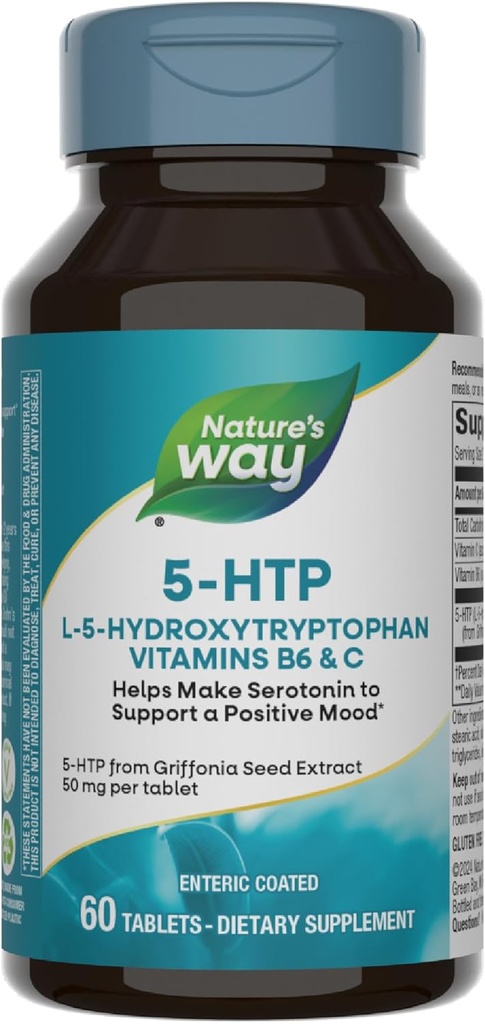 Camino de la Naturaleza 5-HTP, L-5-Hydroxytryptophan, ayuda a hacer la serotonina para promover una perspectiva positiva*, Vitamina B6, Vitamina C, Griffonia Bean Extract, 60 Tabletas (Paquete May Vary)