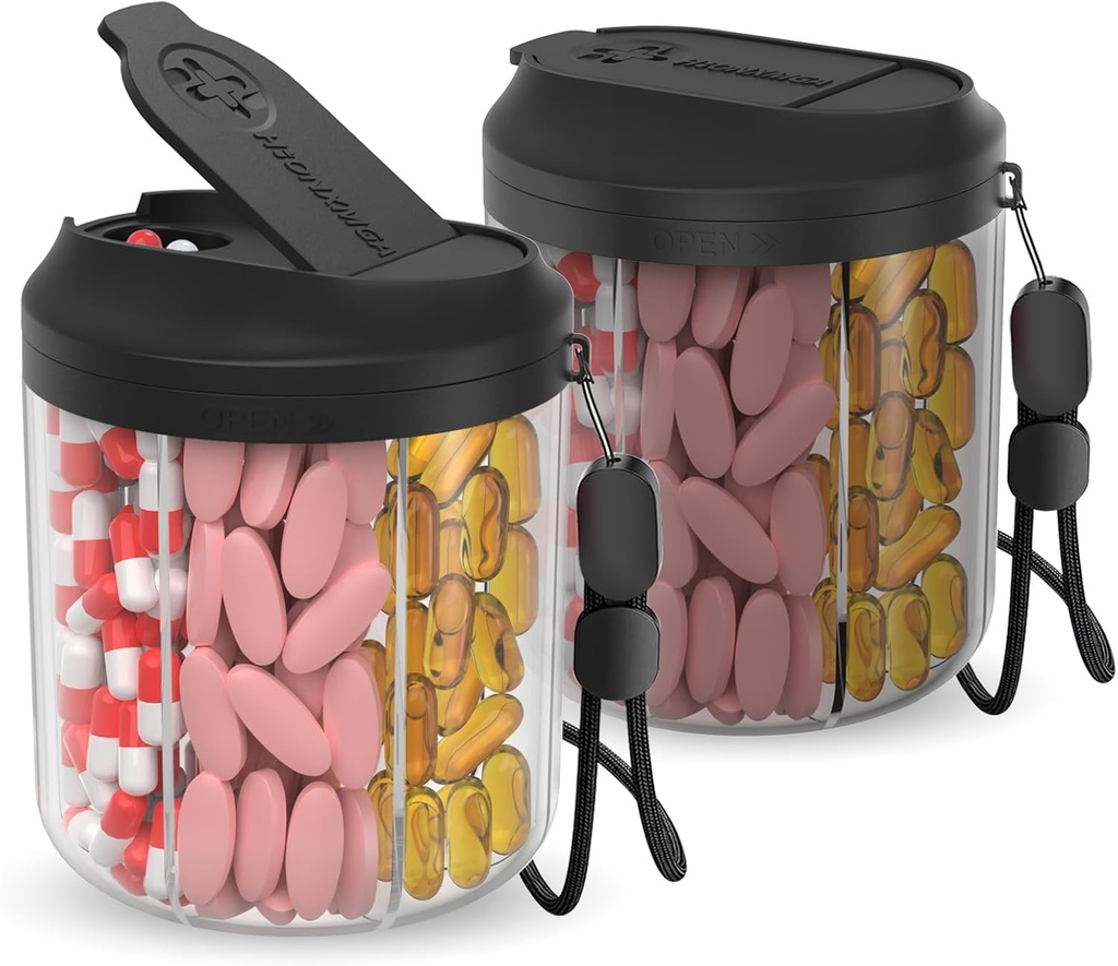 Dispensador de Píldoras con 7 Grandes Compartimientos, Organizador de Botella de Píldora para Viajar, Organizador Suplementario con Diseño Anti-Mixing, Contenedor de Píldora Libre de BPA con 20 Pcs Etiquetas, Negro 2pcs