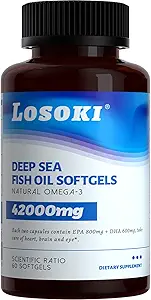 Losoki Deep Sea Fish Oil - 1000 mg EPA & DHA, Omega-3 Fatty Acids, Wild Caught Fish, Premium Burpless Softgel Suplementos - 60 ct