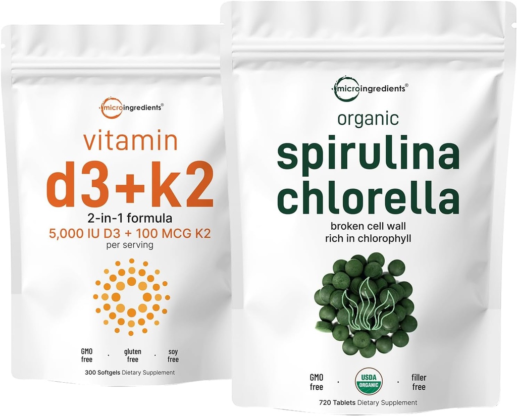 Micro Ingredientes Clorella orgánica Spirulina 3000mg Tablets &amp; Vitamin D3 5000iu + K2 100mcg Bundle 2 Pack ← Muro de células, rico en proteína vegana " clorophyll " imper Essential Sunshine Vitamins