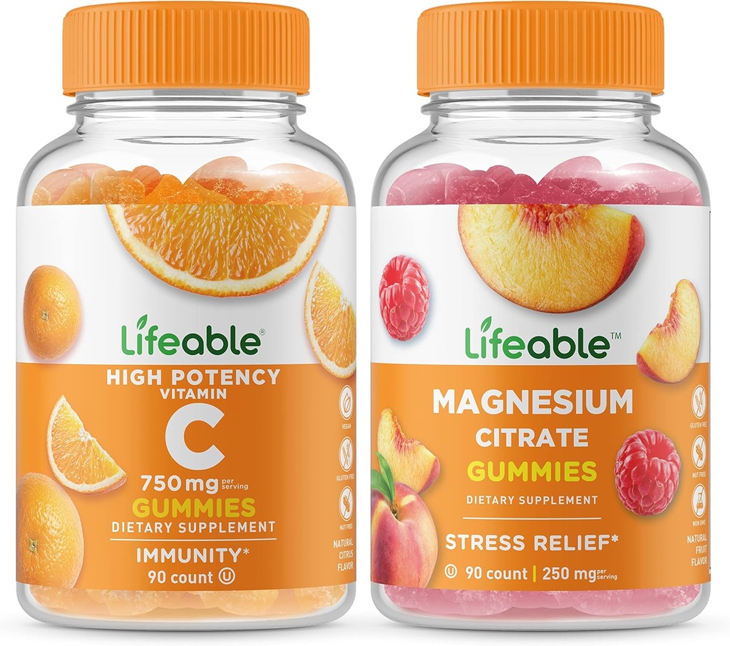 Vitamina vital C 750mg + Magnesium 85mg, Gummies Bundle - Gran Tasting, Suplemento de vitamina, Gluten Gratis, GMO Gratis, Chewable Gummy
