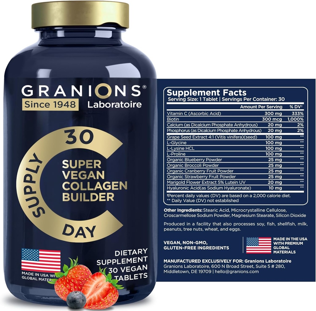Suplementos Vegan Collagen para Mujeres y Hombres - Colagen Boost Tablets - Belleza Booster Vegan Biotina, Ácido Hialurónico, Aminoácidos, Péptidos de Collagen Orgánico - 30 Collagen Píldoras Veganas