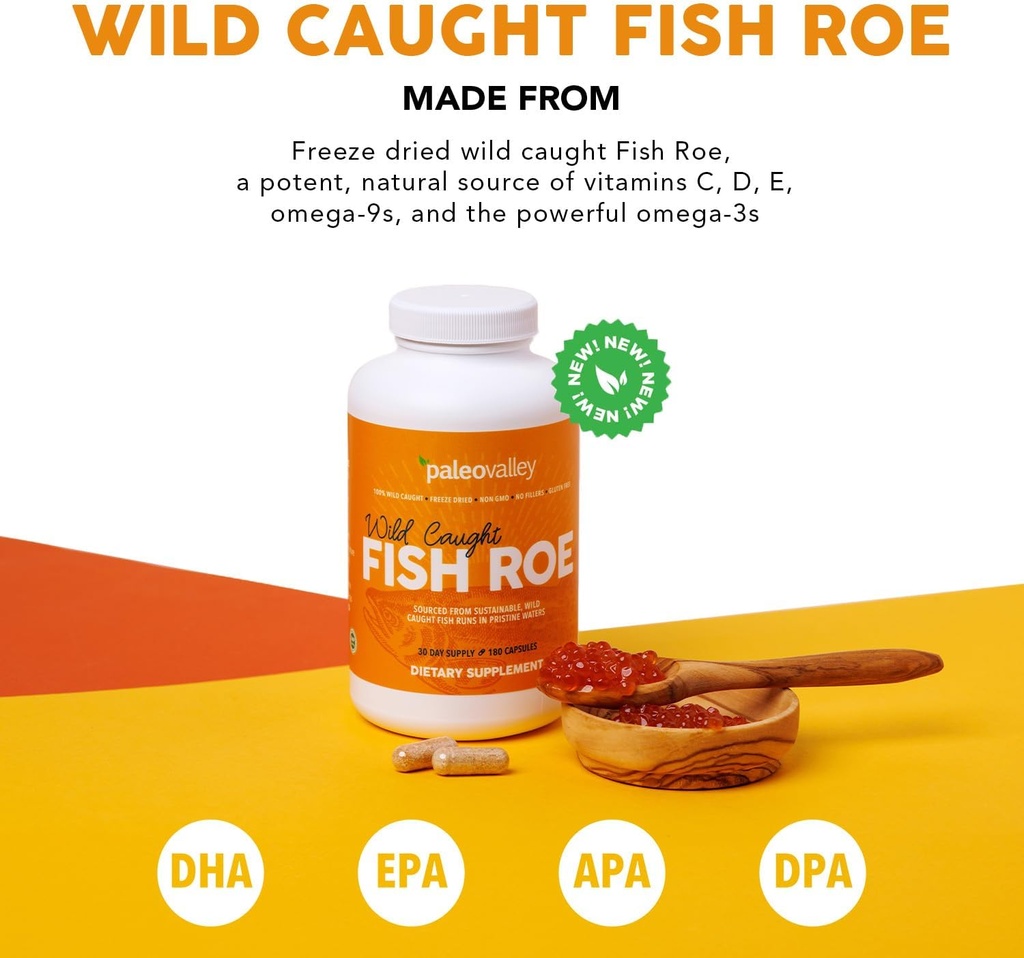 Paleovalley Wild Caught Fish Roe - DHA/EPA, Full Spectrum Omega -3 Fatty Acids - Inflamación, Visión, Mood, Immunity Boost - 28 Servings