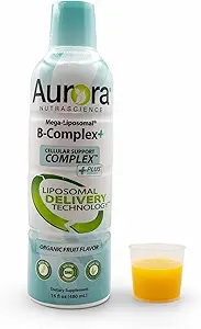 Aurora Nutrascience Mega-Liposomal B-Complex + Vitamina C, Soporta Energía, Immune & Nervous System Health, Gluten Free, Non-GMO, Sin Azúcar, Orgánica Fruit Flavor, 32 Serviciones, 16 Fl oz