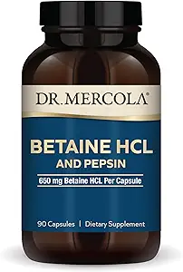 Dr. Mercola Betaine HCL " Pepsin - Suplemento de Apoyo Digestivo para el equilibrio de pH - Ayudas Minerales " Nutrientes Absorción - Ayuda Digestiva - No GMO, libre de gluten " Soy-Free - 90 cápsulas (30 servidos)