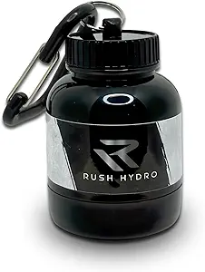 RUSH HYDRO Suplemento Protein Powder Funnel Keychain, Travel Protein Powder Container with Dual Screw Cap, 100 mL Container for Hydration Powder & Suplementos, Black