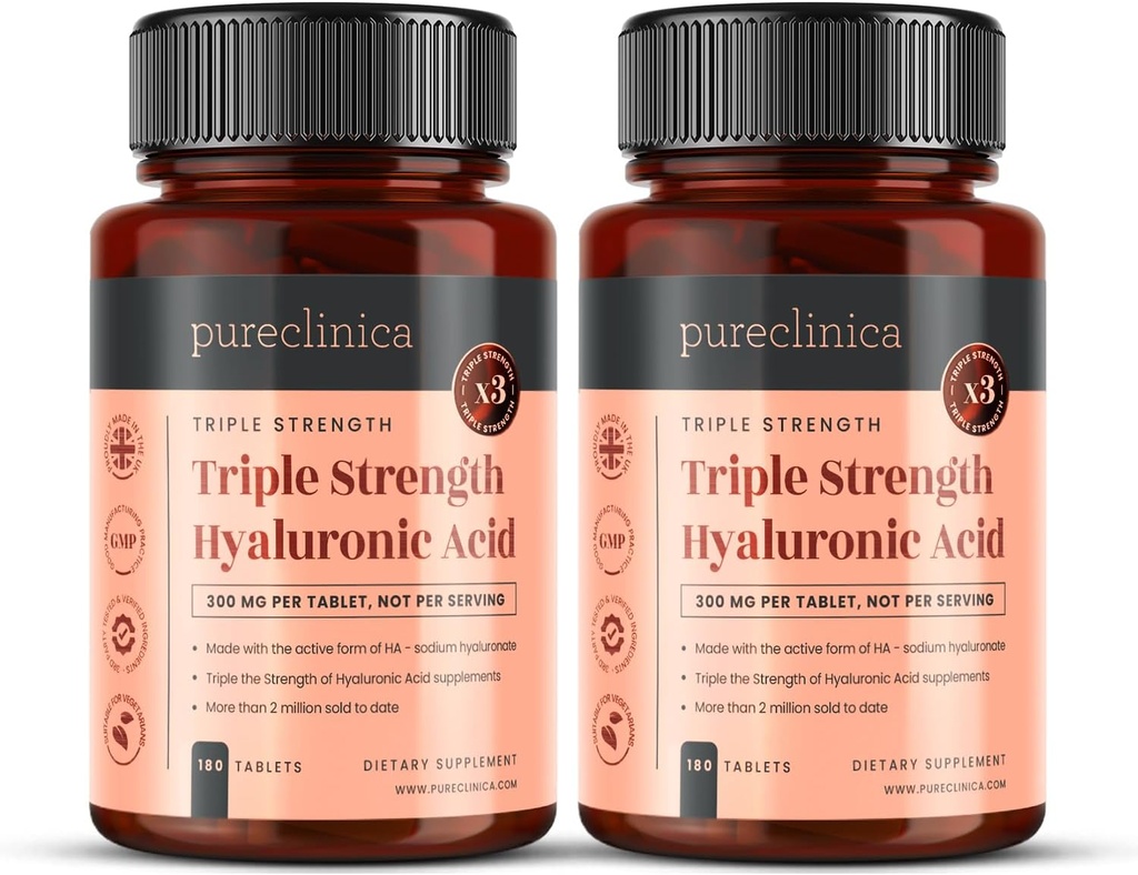 purclinica Ácido hialurónico 300mg x 360 Tabletas (2 Botellas de 180-12 Meses fuente). Ácido Hialurónico de Fuerza Triple. 300% más fuerte que cualquier otra tabla HLA.